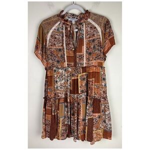 Olivaceous | Boho Vintage Style Babydoll Patchwork Print Mini Dress Tunic | S